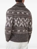 Brunello Cucinelli Alpaca, virgin wool and cashmere geometric jacquard cardigan with metal buttons