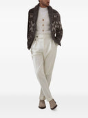 Brunello Cucinelli Alpaca, virgin wool and cashmere geometric jacquard cardigan with metal buttons