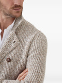 Brunello Cucinelli Mouliné virgin wool, silk and cashmere half English rib one-and-a-half breasted cardigan with metal buttons
