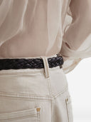 Pantalones holgados de mezclilla teñida elástica Brunello Cucinelli tipo barril con monili