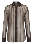 Camisa de seda crujiente Brunello Cucinelli con bordado de rayas de tiza deslumbrantes