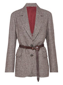 Brunello Cucinelli Wool and alpaca houndstooth jacket with leather and monili belt