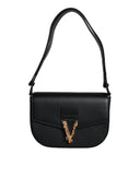 Black Grainy Calf Leather Logo Crossbody Shoulder Bag Versace