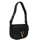Black Grainy Calf Leather Logo Crossbody Shoulder Bag Versace