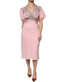 Pink Floral Lace Short Sleeves V-neck Midi Dress - Allure Absolue