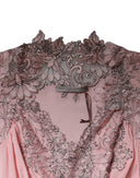 Pink Floral Lace Short Sleeves V-neck Midi Dress - Allure Absolue