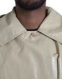 Beige Lambskin Leather Trench Coat Jacket - Allure Absolue
