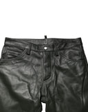 Black Full Grain Leather Mid Waist Trouser Pants