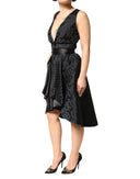 Black Jacquard Deep V-neck Sleeveless 2 Pc Dress